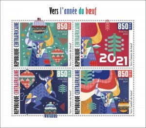 Central Africa - 2020 Chinese Year of the Ox - 4 Stamp Sheet - CA200602a