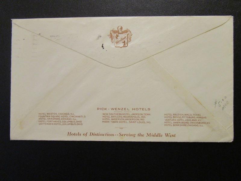 US US 1933 Terre Haute House Hotel IND Cachet Cover - Z6911