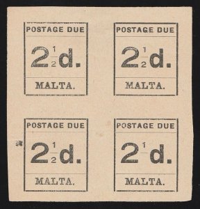 MALTA 1925 Type-set Postage Due 2½d black, block, error '2' of '½' OMITTED. 