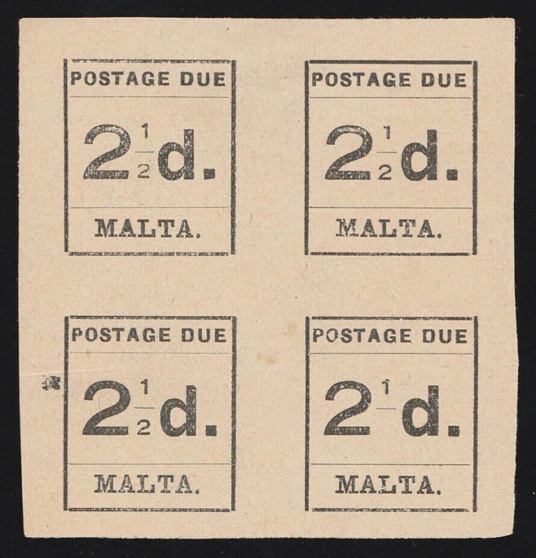 MALTA 1925 Type-set Postage Due 2½d black, block, error '2' of '½' OMITTED. 