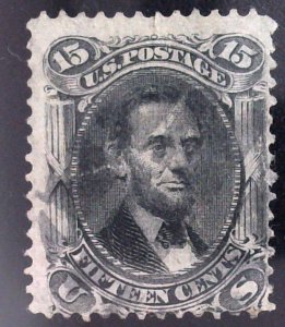 Scott #98 - VG - 15c Black - Lincoln - F-Grill - VTP - Used - Tear - 1868