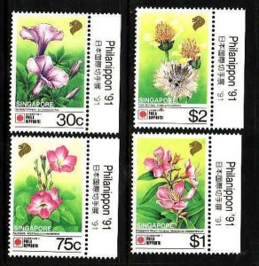 Singapore-Sc#611-14a- id4-unused NH set+sheet-Flowers-1991-