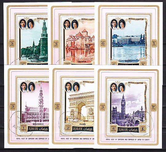 Ajman, Mi cat. 1040-1045 C. Europe Visit by Japanese Royalty s/shts. Canceled. ^