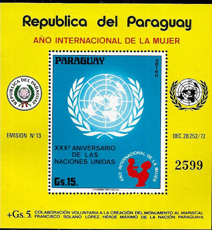  PARAGUAY 1975 ONU ANIVERSARY,INTERNATIONAL WOMEN YEAR  S/SHEET MI 250 MNH