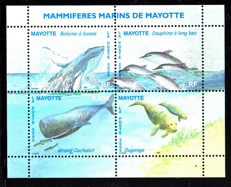 Mayotte MNH Scott #215 Souvenir sheet of 4 Humpback whale, Dolphins, Sperm wh...