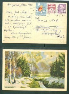 Denmark. Christmas Card 1954. Seal + 5+50 Ore. Ringsted. Redirected. Forest,Bird