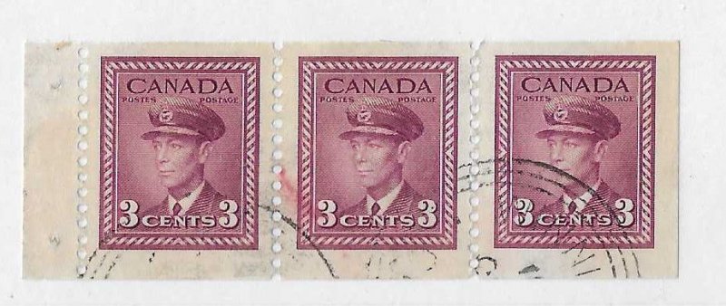 Canada Sc #252ab 3c booklet pane of 3 used VF