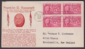 USA 1945 Roosevelt 2c block FDC to New Zealand.............................A1662