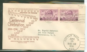 US 782 1936 3c Arkansas Centennial (pair) on an addressed first day cover with an Arkansas Centennial commission cachet.