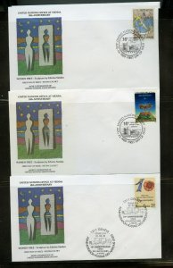 UN 1989  10th ANN VIENNA OFFICE 6 FDCS WFUNA CACHET ART BY EDWINA SANDYS
