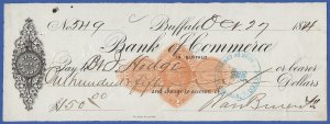 US 1874 2c Used Bank Check, Sc RN-D1, Bank of Commerce, Buffalo, NY