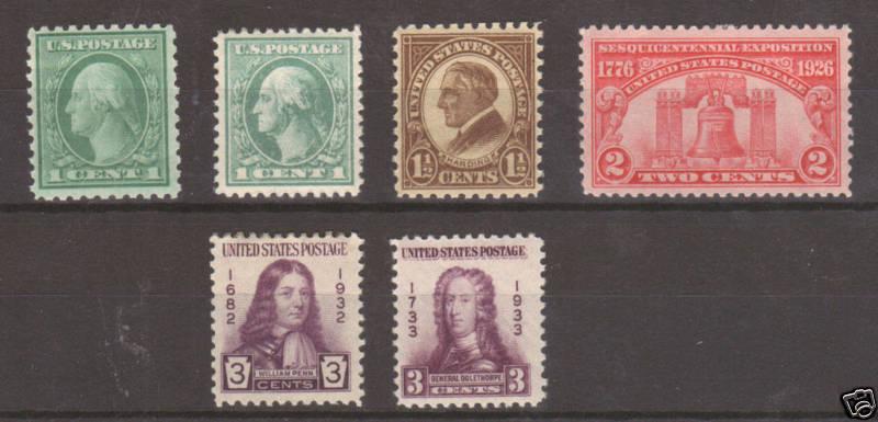 US Sc 424/726 MLH. 1914-1933 issues, 6 diff earlies, F-VF