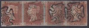 SG 7 1d red-brown plate 2. Scarce strip of 4. Fine used with Maltese cross...