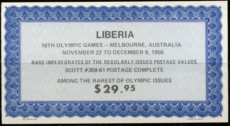 LIBERIA Sc#358-361 Imperforate 1956 Melbourne Olympics Complete Mint NH