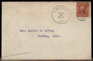 Virginia 1907 Landis VA DPO R5 Cover Mount Sidney VA Tiffen OH 92394