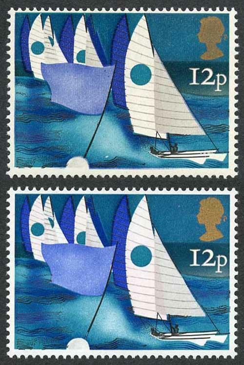 SG983 1975 12p Sailing with Rosy and part of Black omitted U/M