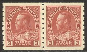 CANADA #130 SUPERB Mint NH Pair - 1924 3c Carmine, P8.5 Coil