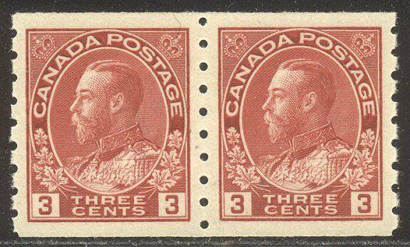 CANADA #130 SUPERB Mint NH Pair - 1924 3c Carmine, P8.5 Coil