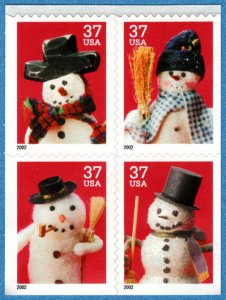 USA Sc. 3687a 37c Snow Men 2002 MNH 10.75 x 11 bklt. block