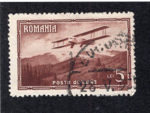 Romania 1931 5 l red brown Biplane, Scott C19 used, value = $2.00