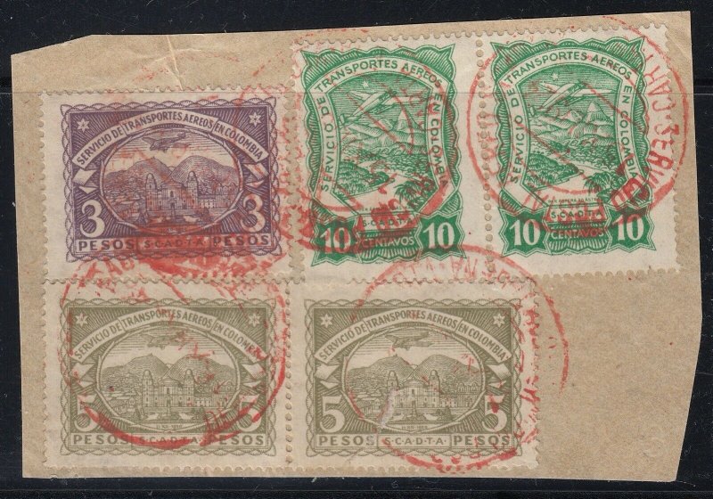 Colombia SCADTA 1923-28 3p & 5p High Values on Piece Used. Scott C39, C49, C50