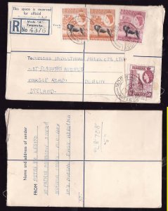 Tanganyika registered letter to Ireland - Moshi  , Tanganyika - 3 Ja 1958- regis