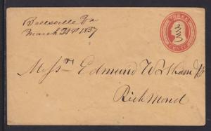 US Sc U10 used 1857 3c Envelope, BALLSVILLE, VA CDS