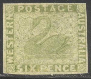 WESTERN AUSTRALIA #16 SCARCE Unused - 1860 6p Dull Green