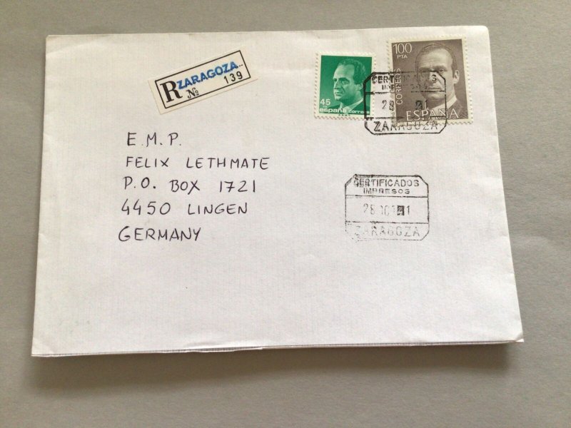 Spain Registered Zaragoza  to Germany postal cover 66260 