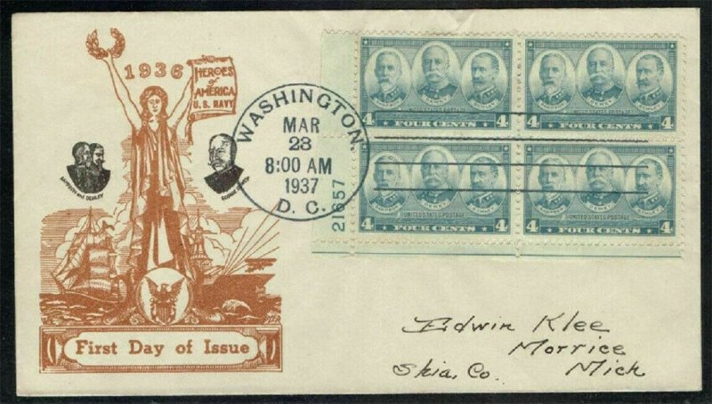 UNITED STATES 1937, SCOTT#793 PLATE BLOCK ON CACHET FIRST DAY COVER ,(RN) 