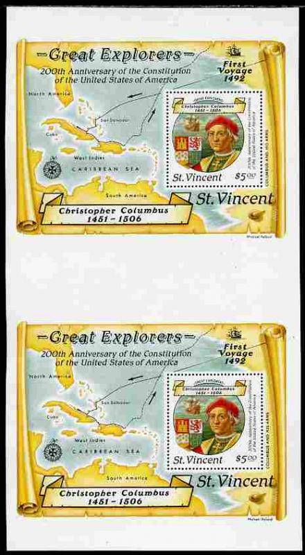 St Vincent 1988 Columbus $5 m/sheet vertical pair from un...
