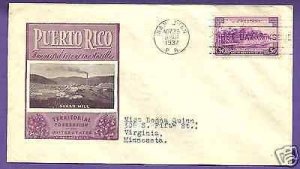 801  PUERTO RICO 3c 1937 AT SAN JUAN, IOOR FIRST DAY COVER.