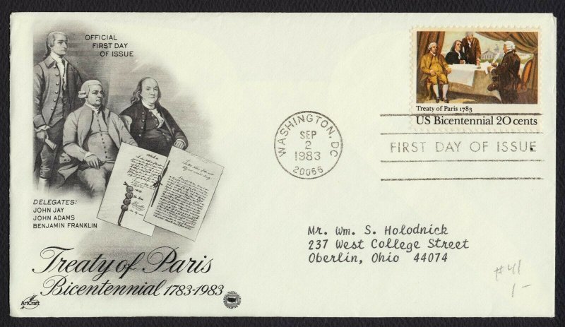 #2052 20c Treaty of Paris, Art Craft-PCS FDC **ANY 4=FREE SHIPPING**