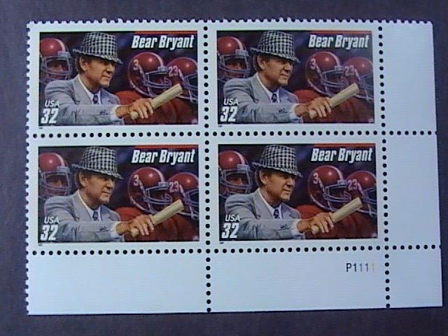 U.S.# 3148-MNH-LR PLATE # BLOCK OF 4-LEGENDARY FOOTBALL COACHES/BEAR BRYANT-1997