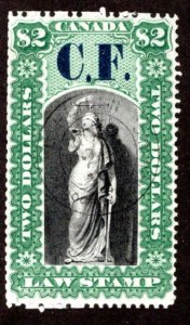 van Dam OL12, $2 Used, C.F. o/p,  thin paper, Ontario Law Revenue Stamp, Canada