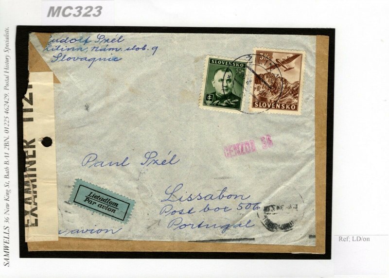 SLOVAKIA WW2 1942 Cover UNDERCOVER ADDRESS *Box 506* Lisbon British Censor MC323