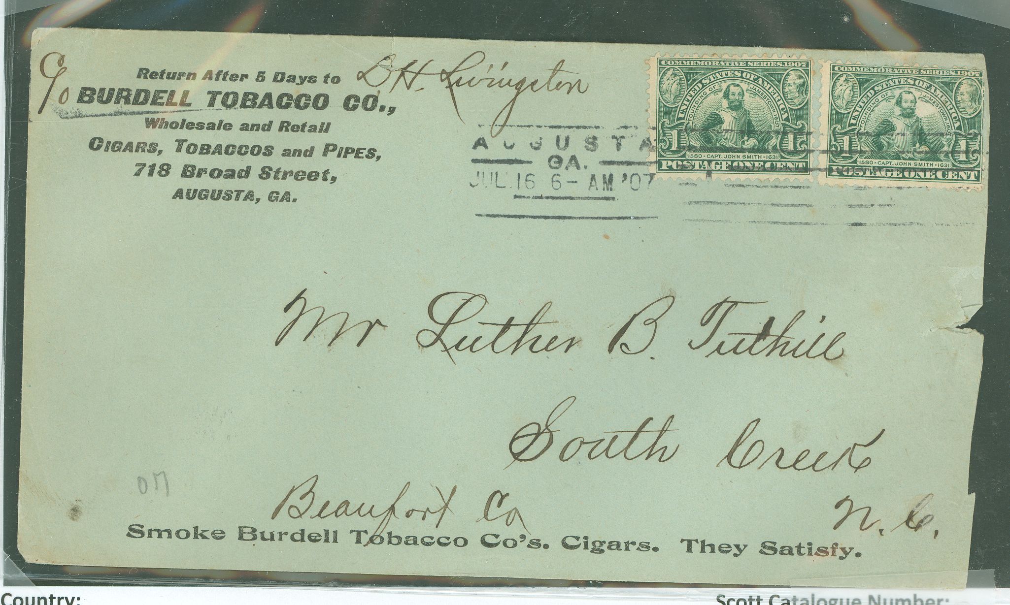 US 328 Pair on cover. Augusta, GA to South Creek, NC. Burdell Tobacco