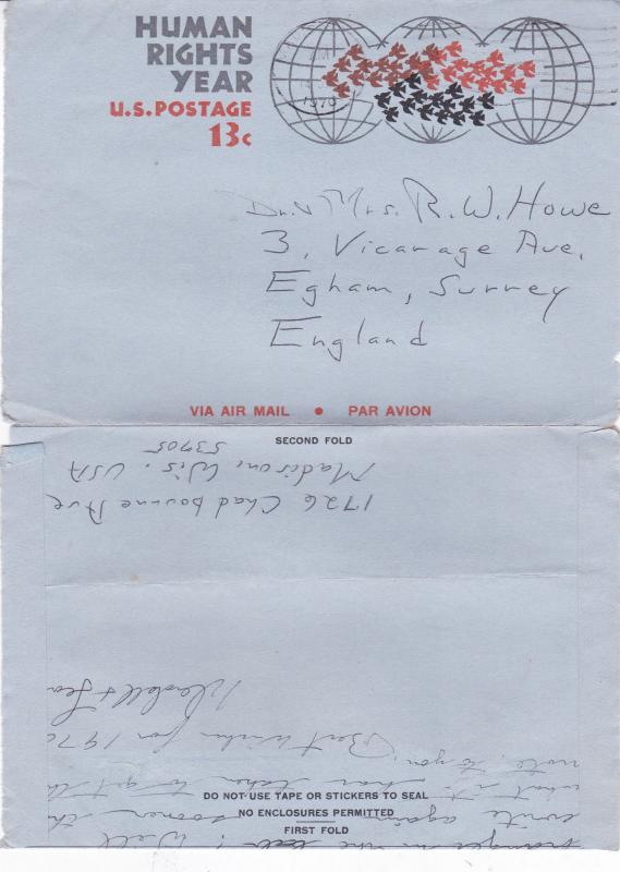 United States 1970 Madison Wisconsin to Egham UK Aerogramme VGC