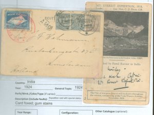 India  1924 Mount Everest Expedition.  Expedition card with special stamp, signed by participant, posted from Darjeeling to Amst