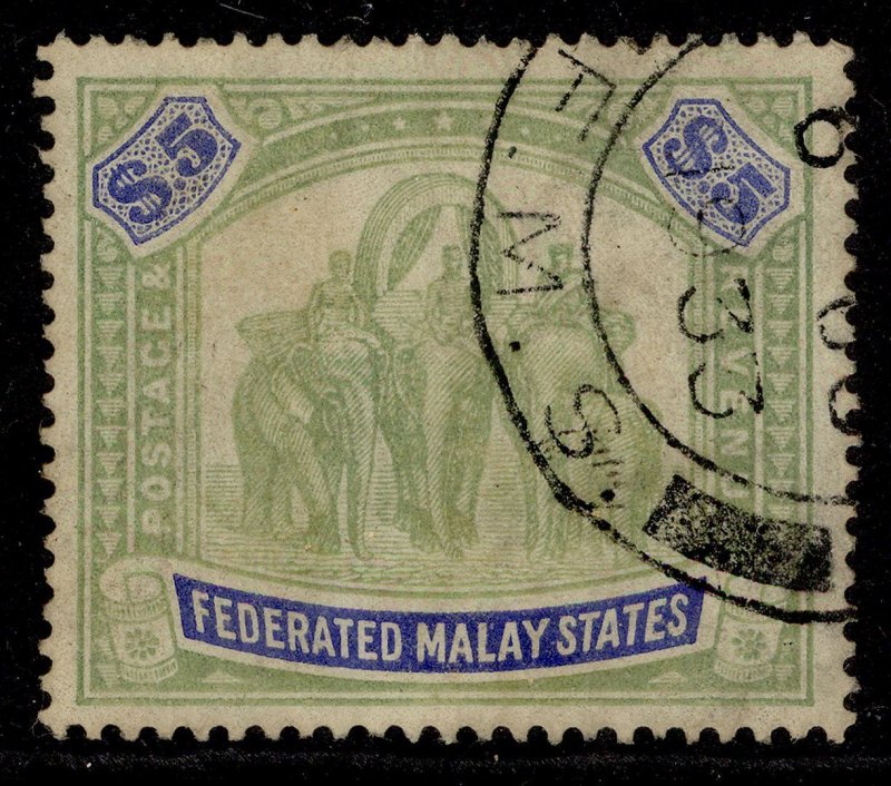 MALAYSIA - Fed Malay GV SG80, $5 green & blue, USED. Cat £300. WMK SCRIPT CDS