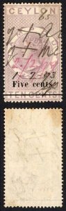 Ceylon BF 66 Five cents Bar on 10c Lilac Stamp Duty