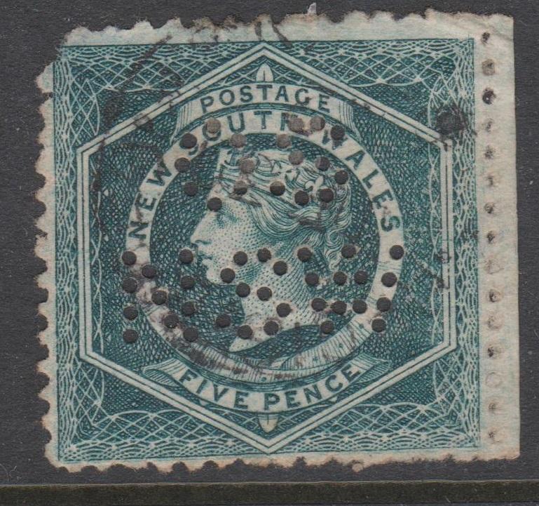 New South Wales  1860 5d Green Diadem Sc#38b Used Perfin OS NSW