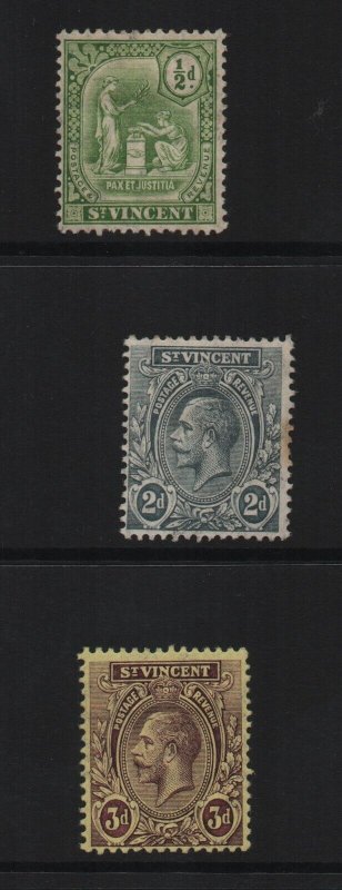 St Vincent 1910-13  SG102, 110 & 112 all mounted mint