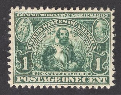 US Stamp #328 1c Green Captain John Smith MINT HINGED SCV $27.50