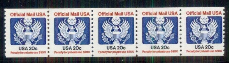 US #O135 20¢ Official PNC #1 strip of 5, og, NH, VF, Scott $57.50