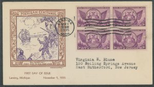 US 775 (1935) 3c Michigan State Centenary (block of four) on an addressed (typed) First Day cover with a Grandy cachet