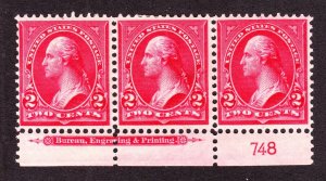 US 279b 2c Washington Bottom Plate #748 Strip of 3 Mint F-VF OG NH/H/NH SCV $65