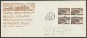 1965 Canada FDC Ottawa as Capital Plate Block French Schering Cachet #442