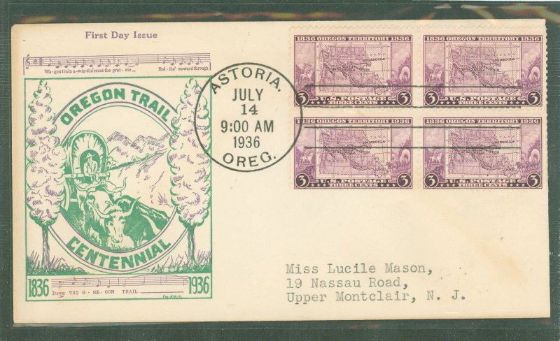 US 783 1936 3c Oregon Trail Centennial (block of four) on an addressed (typed) FDC with an Astoria, OR cancel and a top notch ca