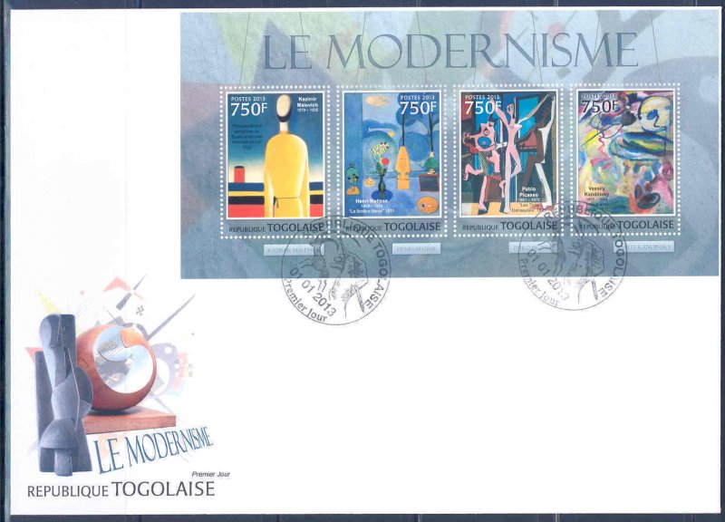 TOGO 2013 MODERN ART MALEVICH MATISSE PICASSO KANDINSKY  SHEET FDC